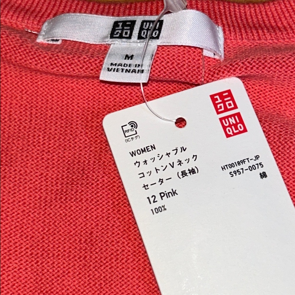 NWT Uniqlo Japan 100% Cotton Coral V-Neck Sweater - Picture 3 of 10